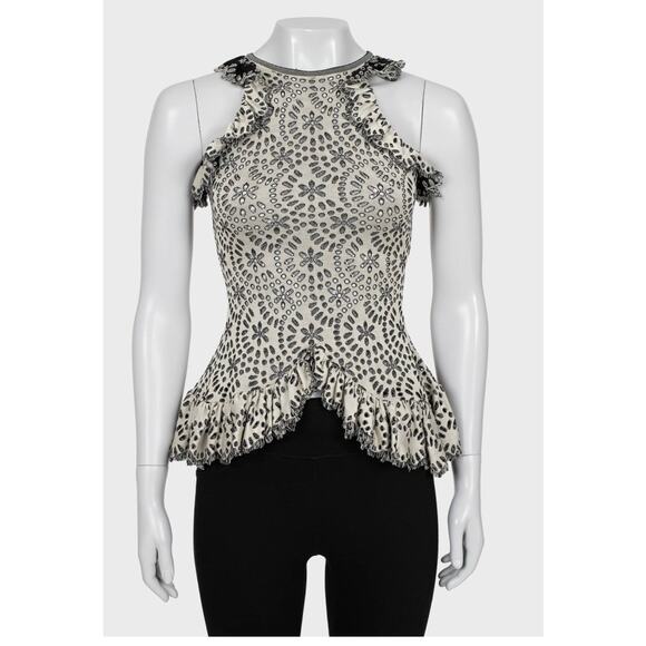 Balenciaga Silk Perforated Ruffle Top Black/White Size S